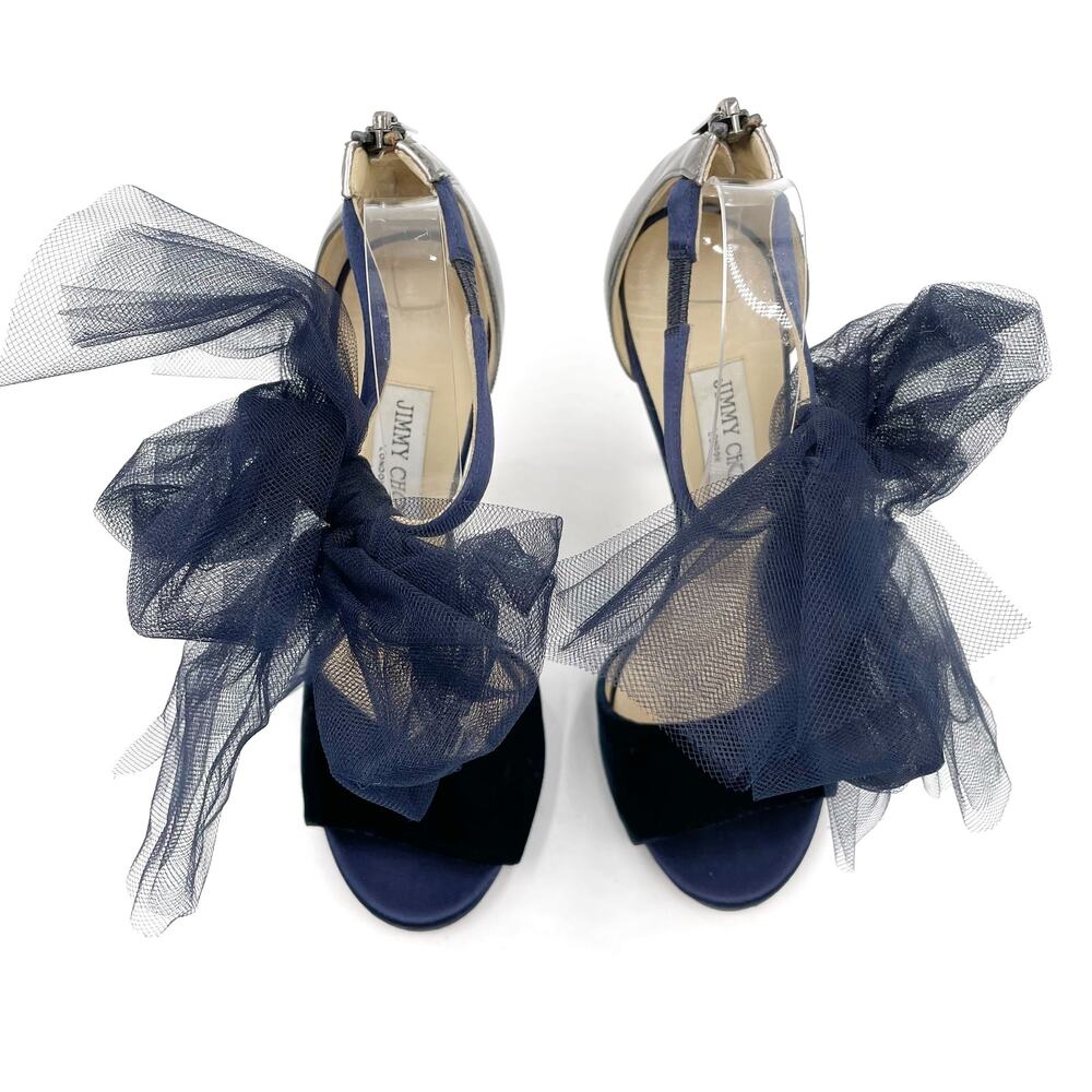 Jimmy Choo Navy Blue and Silver Tulle Ankle-Tie Stiletto Sandals - Picture 5 of 14